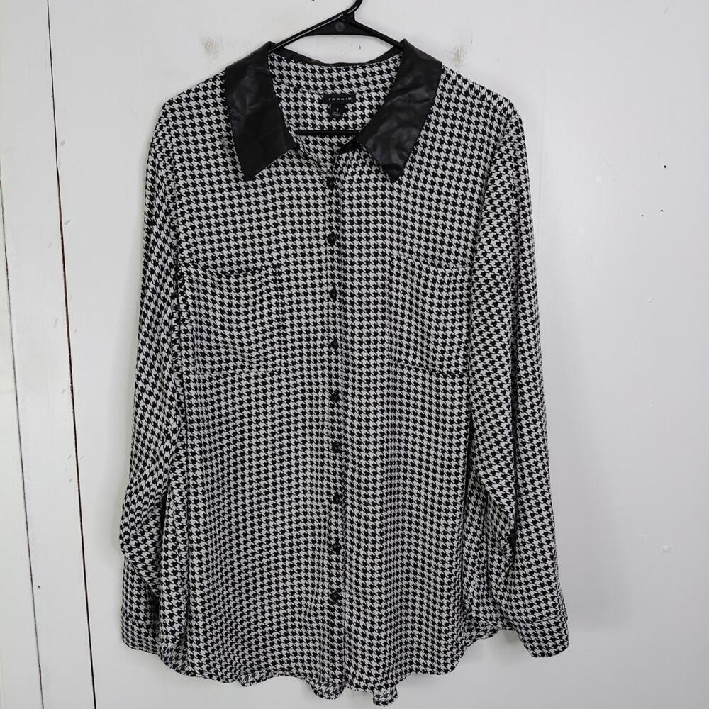 Torrid Top Womens 3X Pleather Faux Leather Collar Houndstooth Button Up Office